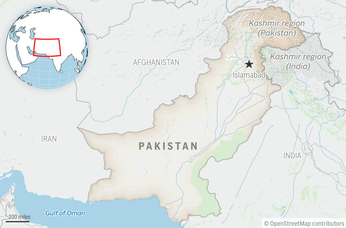 This is a locator map for Pakistan with its capital, Islamabad, and the Kashmir region.
